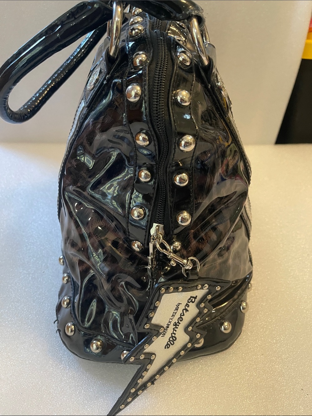 Betsey Johnson Black Patent Satchel with Silver Accents Betseyville - Picture 3 of 16